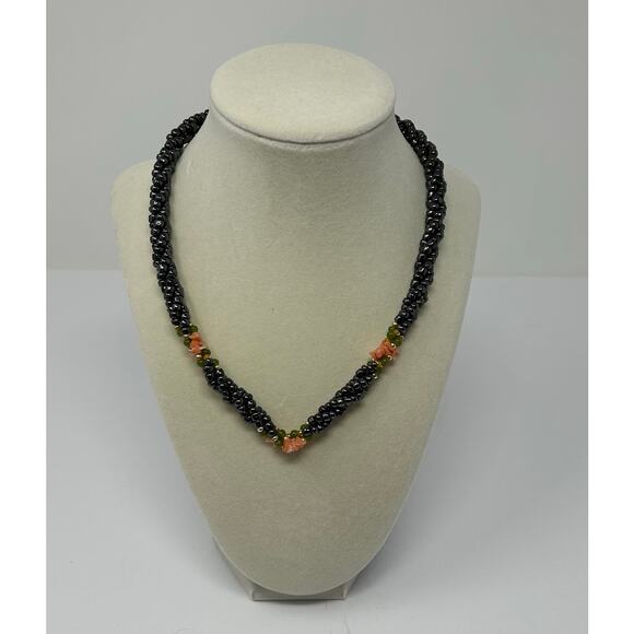 American Vintage Jewelry Necklace 70s Multistrand Hematite Twist Coral Flowers - Picture 1 of 7